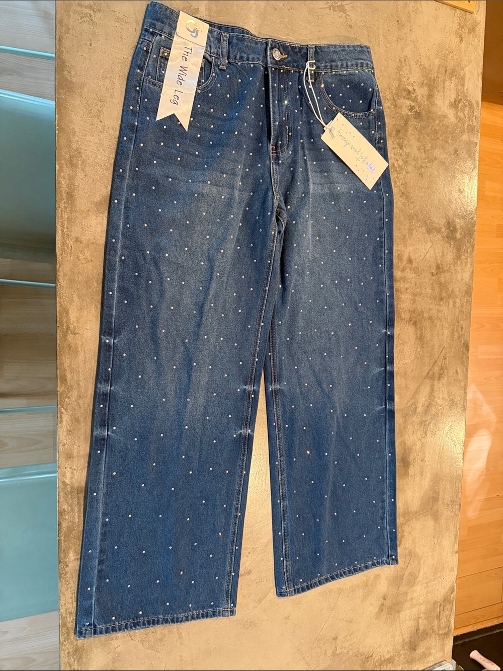 GOGO Blue Wide-Leg Rhinestone Studded Jeans